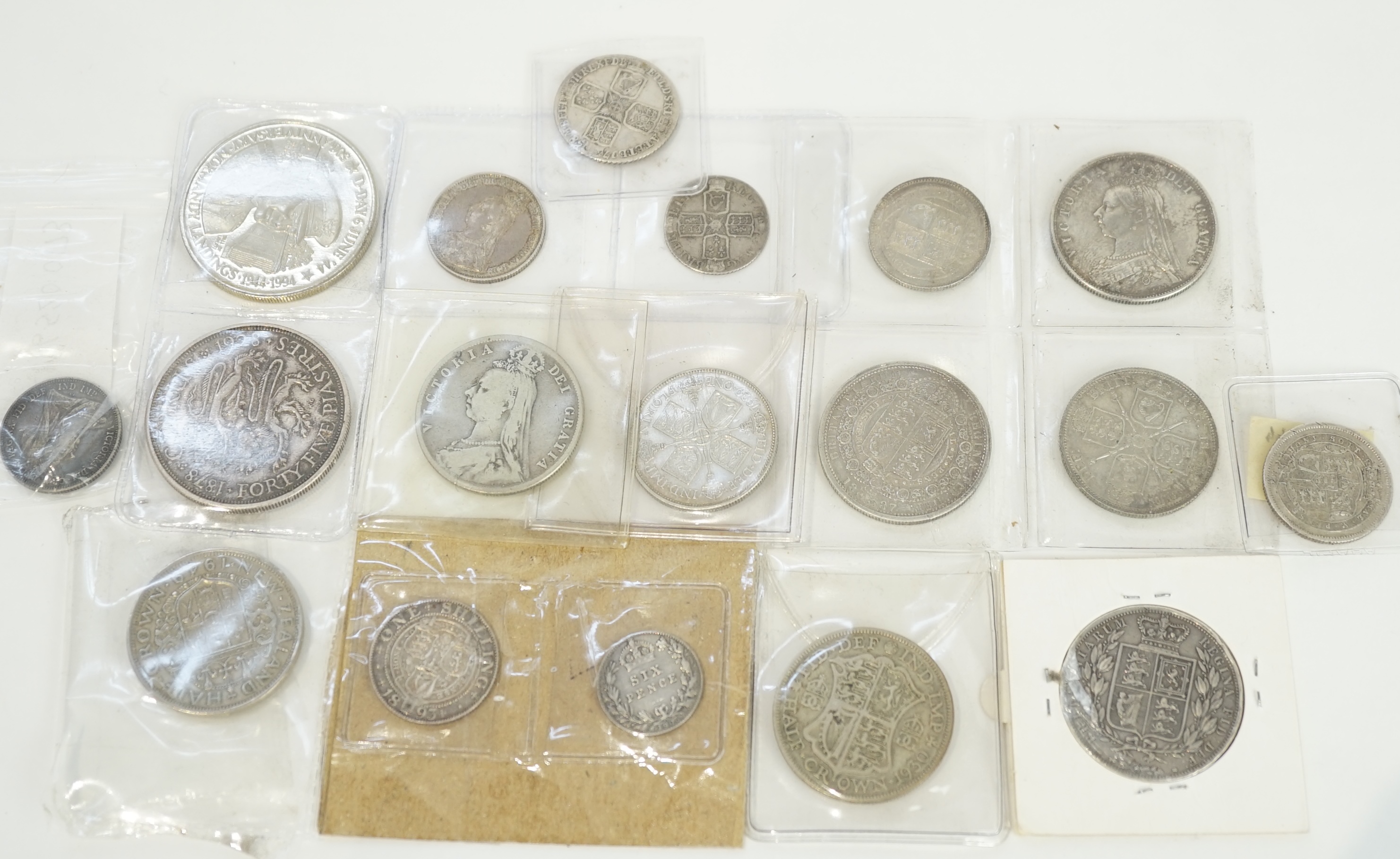 British and British crown dependency coins, 18th-20th century, to include George II shilling, 1758, fine or better, Anne sixpence, five halfcrowns, 1888, good VF, 1887, VF, 1889, 1883 and 1930, two florins, 1887, EF, 192